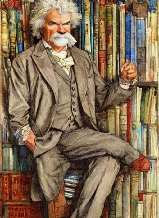 Image similar to realistic portrait of mark twain surrounded by a frame of books, art by harvey dunn and howard pyle and walter crane, illustration, watercolor art,