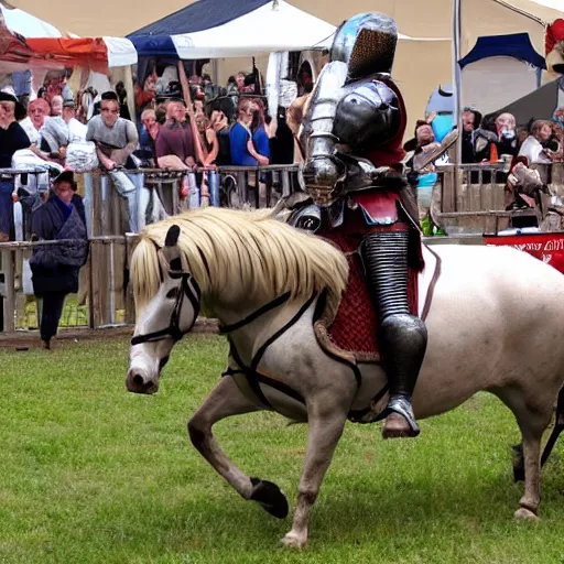 Prompt: a mounted knight in full armor and a lance, riding in a jousting tournament