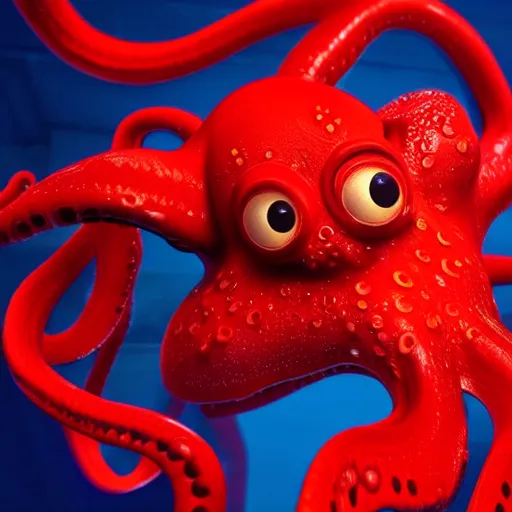 Image similar to portrait of red octopus, sly, cunning, blue background, pixar style animation 3d extremely gloomy lighting, atmospheric, cinematic, detailed illustration unreal Engine, 8K