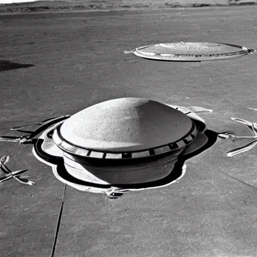 Image similar to ufo 1 9 4 7 landed aliens, black and white photograph