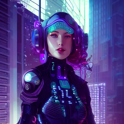 Image similar to portrait futuristic Cyber warrior Girl, in future cyberpunk tokyo rooftop , ssci-fi, fantasy, intricate, very very beautiful, elegant, neon light, highly detailed, digital painting, artstation, concept art, smooth, sharp focus, illustration, art by alphonse mucha and tian zi and WLOP