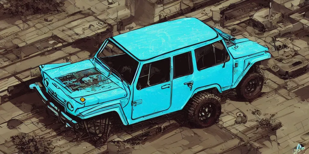 Image similar to digital illustration of a futuristic faded cyan mad max's fj 4 0 decrepit!!!! pursuit special, rusty!!! cyberpunk nissan fj cruiser heavily modded 1 9 9 0 s, the last v 8 interceptor by makoto shinkai, ilya kuvshinov, lois van baarle, rossdraws, basquiat