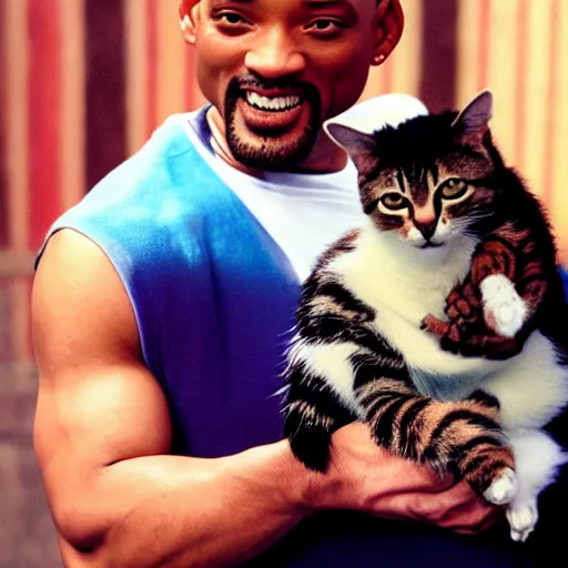 Prompt: will smith posing for a camera, holding up a kitten during an photoshoot for his early 2 0 0 0's techno album, cool coloring reminiscent of the 2 0 0 0's, album cover, y 2 k aesthetic,