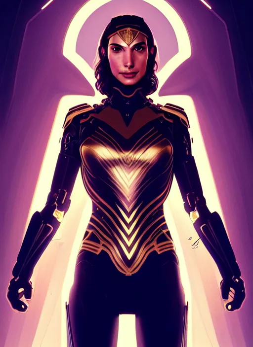 Image similar to symmetry!! portrait of gal gadot, gold sci - fi armour, tech wear, glowing lights!! sci - fi, intricate, elegant, highly detailed, digital painting, artstation, concept art, smooth, sharp focus, illustration, art by artgerm and greg rutkowski and alphonse mucha