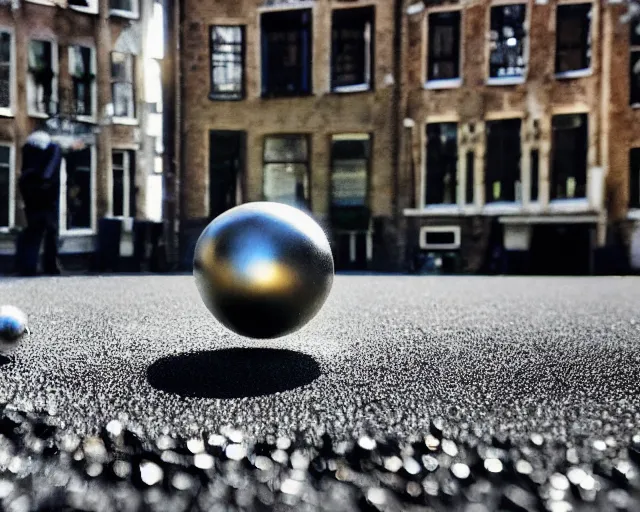 Prompt: closeup of silver petanque ball in prinsengracht canal, intricate detail, beautiful aesthetic, photorealistic, award winning professional petanque photography, cinematic composition, volumetric noon lighting, 8 k by rembrandt van rijn, focus