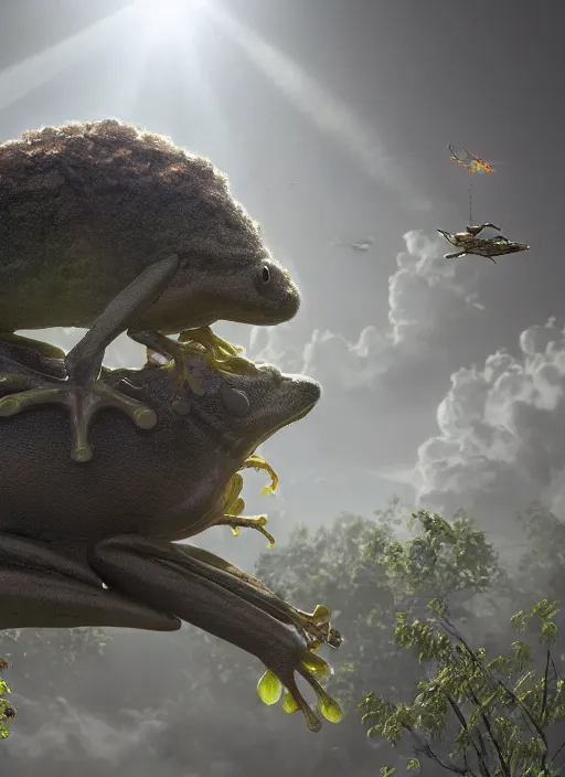 Prompt: hyperrealism, detailed textures, photorealistic 3 d, a massive hovering frog emerging from a fluffy cloud catching a giant house fly, ultra realistic, cinematic, intricate, cinematic light, concept art, illustration, art station, unreal engine 8 k