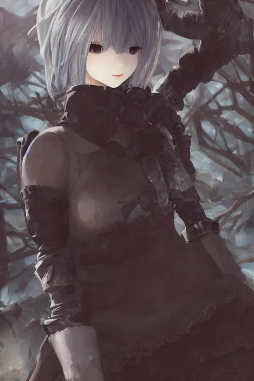 Image similar to beautiful portrait of 2B from nier automata, forest, junkyard, pretty, semi realistic anime, hyper detailed, 8k, DeviantArt, Instagram, Behance, Artstation, trending on artstation, Pixiv, Pixiv daily ranking, art of silverfox, Yee Chong Silverfox, Sydney Hanson, Mickael Lelièvre, Jaeyeon Nam, derevschikova, Elina Karimova, Artgerm Lau, WLOP, Rossdraws, Hyung Tae Kim