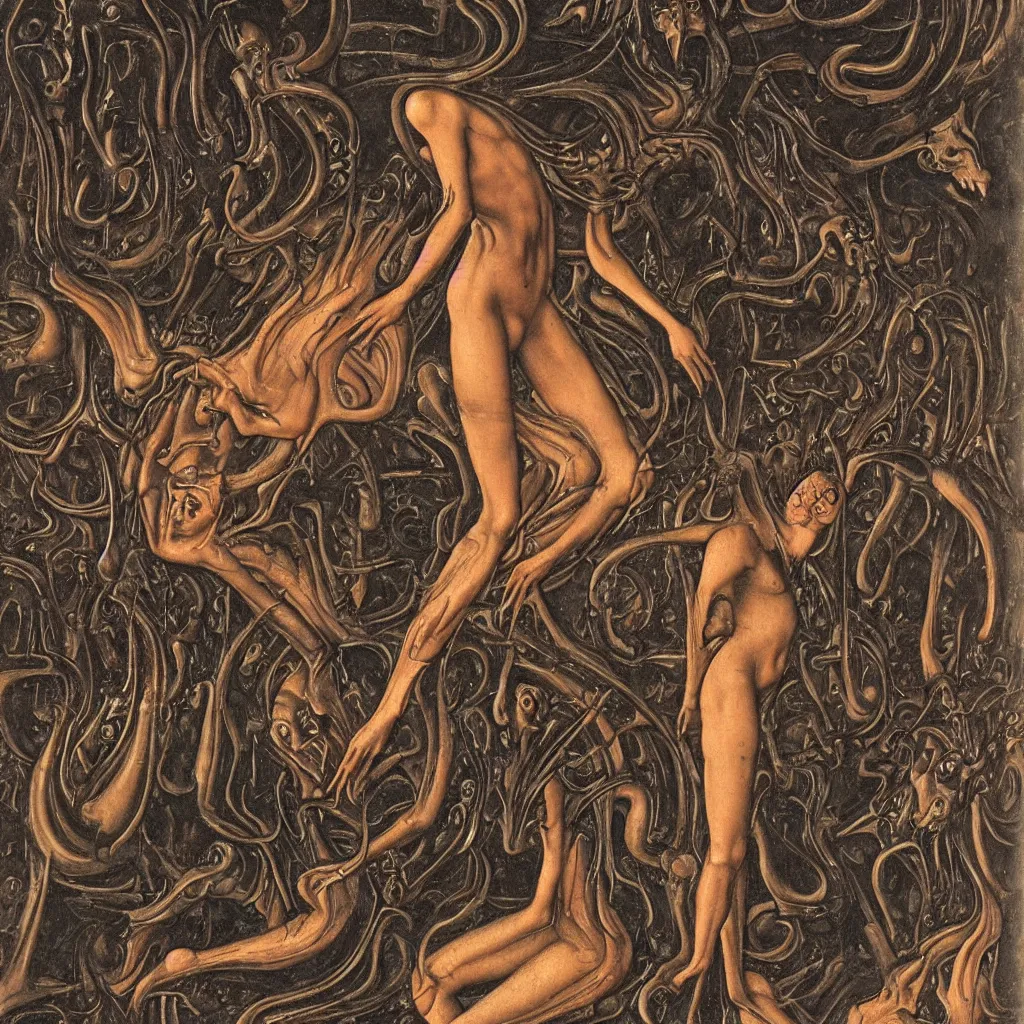 Image similar to a graceful detailed demon ballerina leaving a trail of smoke in a pool of lava by h. r. giger, by hans memling