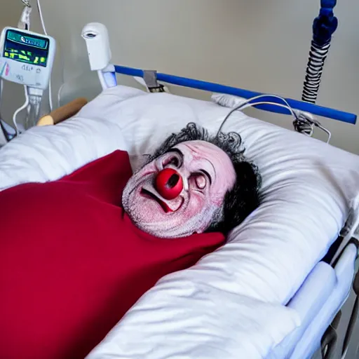 Image similar to delirious elderly clown supine in hospital bed, strapped into bed with restraints, trying to get out but unsuccessful, photograph, 8 k