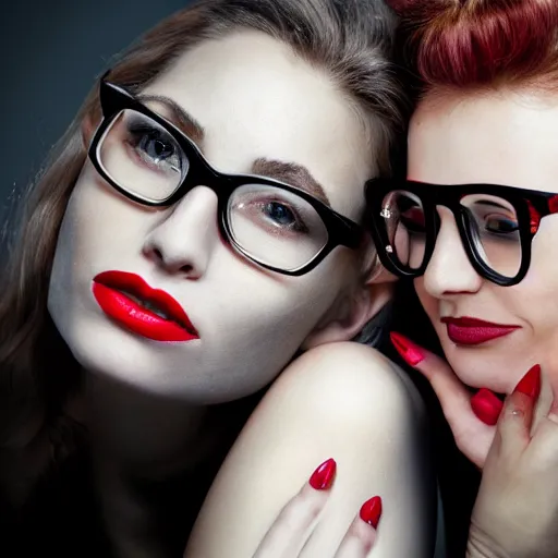 Prompt: A high quality studio photo of a skinny beautiful young blonde woman with a bun and red lipstick wearing big, large and thick and black eyeglasses kissing a beautiful young woman with red hair, who is wearing large crystal clear eye-glasses, 35mm, studio lighting, grey background, digital art, oil painting, lesbian couple photo shooting