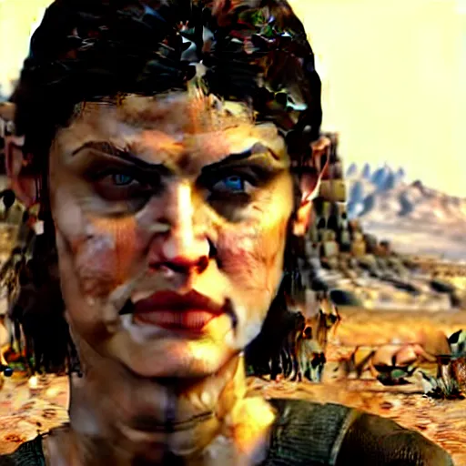 Image similar to a screenshot of alexandra daddario in the video game fallout new vegas. 3 d rendering. unreal engine. amazing likeness. very detailed. cartoon caricature