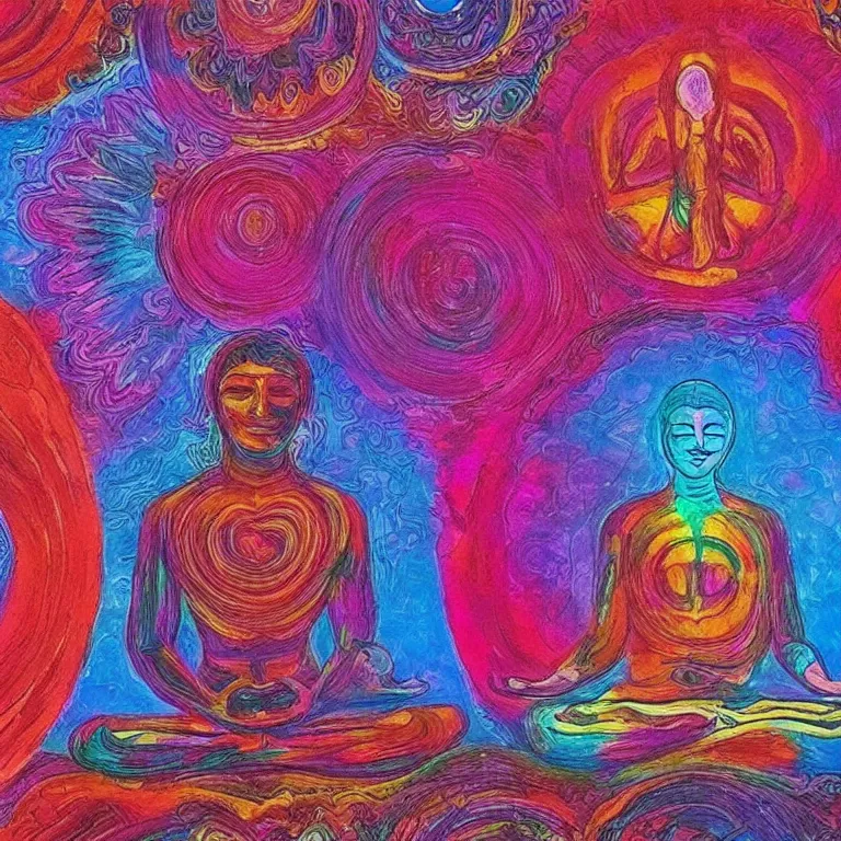 Prompt: human smiling meditating supreme peace immense knowledge infinite color dmt art red pink blue purple red euphoria