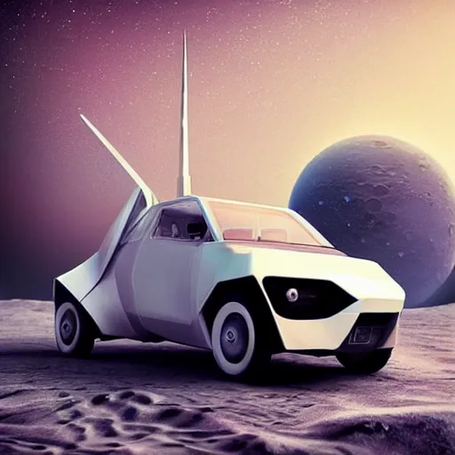 Image similar to futuristic lada flying car on the street of a Russian sleeping quarters on the moon, Norilsk, sci-fi, fantasy, intricate, very very beautiful, elegant, highly detailed, digital rendering, Cinema 4D, artstation, concept art, smooth, sharp focus, illustration, art by artgerm and greg rutkowski and alphonse mucha