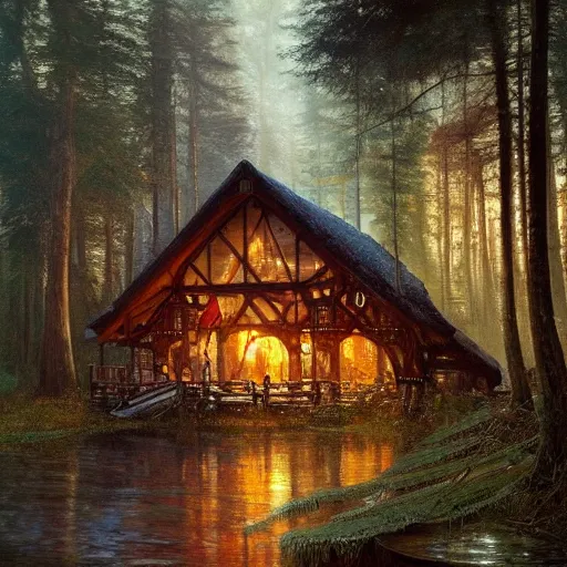 Image similar to a beautifull intricate painting of a log cabin in a dark fantasy forest, reflections, very high details by william turner art, greg rutkowski and alphonse mucha, trending on artstation, very very detailed, masterpiece,