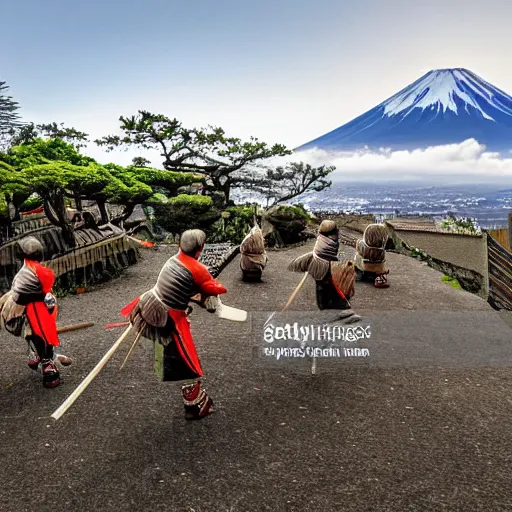 Prompt: Samurai chickens attack a village on the foothill of mount Fuji