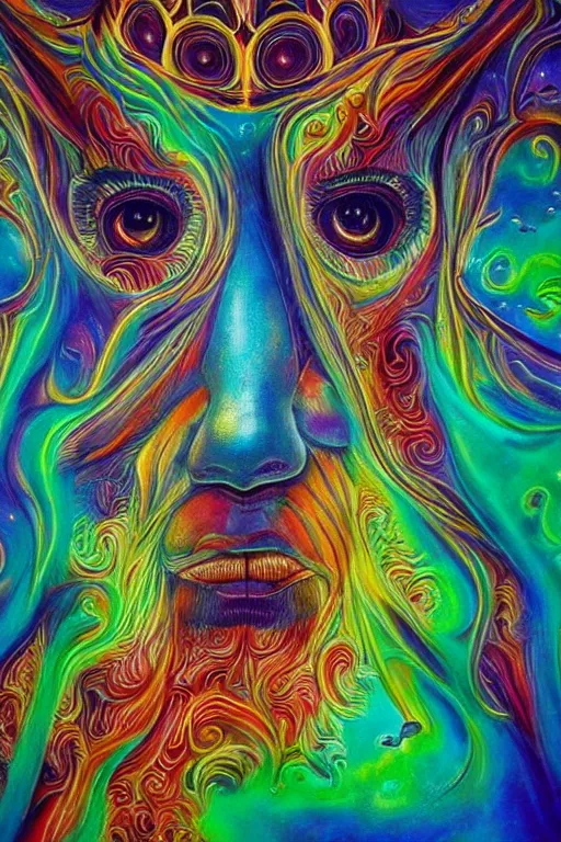 Image similar to hyperrealistic abstract close-up Renaissance psychedelic!! celestial happy! pure creature!! peaceful! kind spirit of nature! beautiful fractal!! eyes! highly detailed concept art eric zener elson peter cinematic hard rainbow lighting high angle hd 8k sharp shallow depth of field endless, inspired by Zdzisław Beksiński Salvador Dali