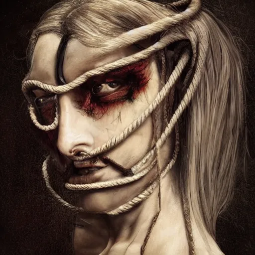 Image similar to portrait of a Shibari rope wrapped face and neck, headshot, insanely nice professional hair style, dramatic hair color, digital painting, of a old 15th century, old cyborg merchant, amber jewels, baroque, ornate clothing, scifi, realistic, hyperdetailed, chiaroscuro, concept art, art by Franz Hals and Jon Foster and Ayami Kojima and Amano and Karol Bak,