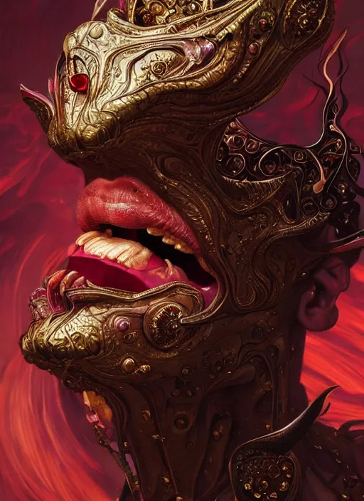 Prompt: incubus sticking out tongue with blood, realistic, surealism, lavish, steep, aesthetic, extravagant, shiny, fantasy, intricate, elegant, extremely higly detailed, digital painting, artstation, ornate, grotesque, baroque, concept art, by artgerm and greg rutkowski and alphonse mucha, joongwon charles jeong and diego fazio