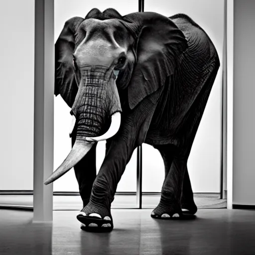 Image similar to photo of elephant staying in the empty office, black & white by annie leibovitz