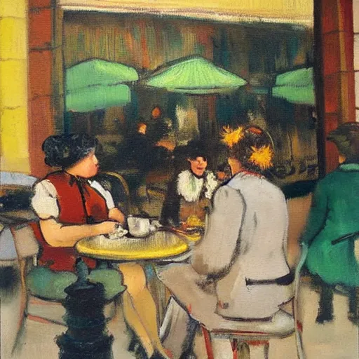 Prompt: vintage paris cafe, klingon sitting at outdoor table, oil painting, expressionism, degas.