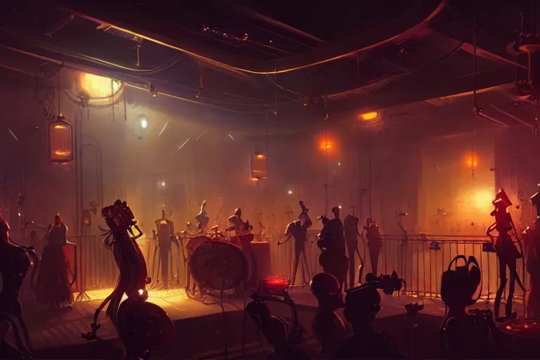 Image similar to night club, 3 steampunk robot jazz musicians, cinematic lighting, exaggerated detailed, unreal engine, art by greg rutkowski