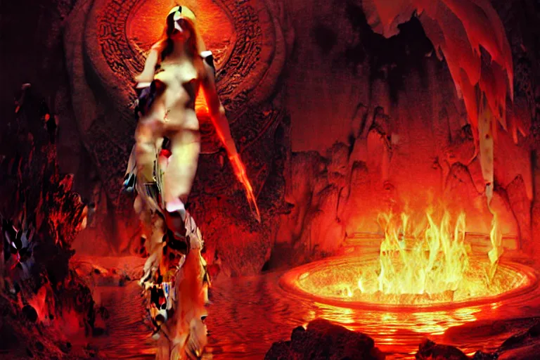 Prompt: eternal goddess bathing in deepest fiery underworld depths of hell by greg rutkowski, gustave dore, alphone mucha, visionary deep aesthetics art