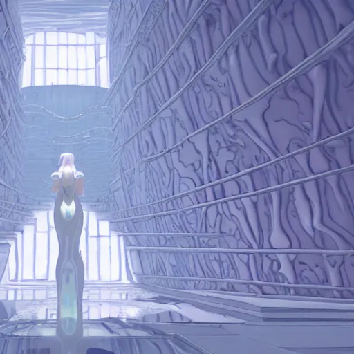 Image similar to a woman made of slime in a bright white hallway with many doors and many stairs, Mc Escher architecture, epic composition, by Makoto Shinkai