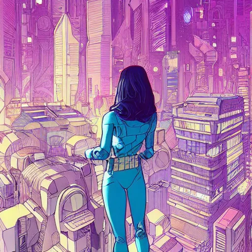 Prompt: beautiful sci - fi girl, standing in futuristic metropolis by josan gonzales