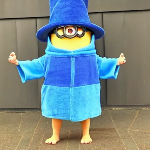 Image similar to handsome minion wearing a blue wizard robe and hat