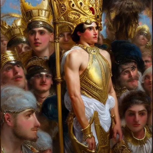 Prompt: a young man wearing a golden crown after overcoming his fear or death, standing above a cheering crowd, highly detailed painting by gaston bussiere and j. c. leyendecker 8 k