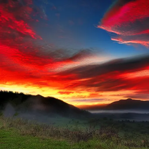 Prompt: a big red voluminous cloud, beautiful scenery, sun dawn, wild,