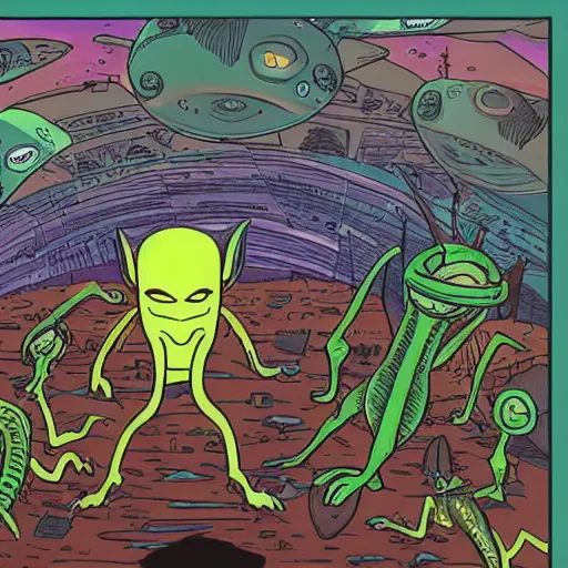 Image similar to an alien market, drawn like Rick and moray