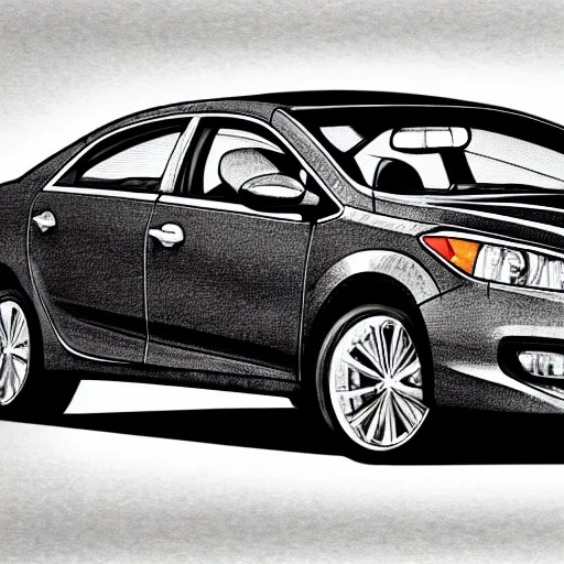 Image similar to leonardo de vincis detailed schematics of a kia forte, drawn