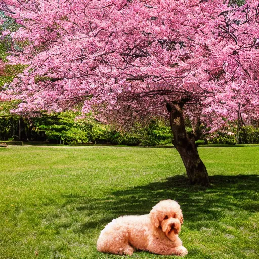 Image similar to a goldendoodle meditation below a Sakura tree, 8k, nature photography