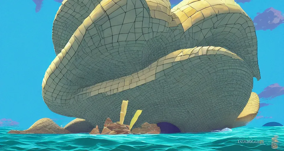 Image similar to giant seashell house in the ocean, by laika, ralph mcquarrie, in the style of zelda windwaker, triadic color scheme, cell shading, 3 d