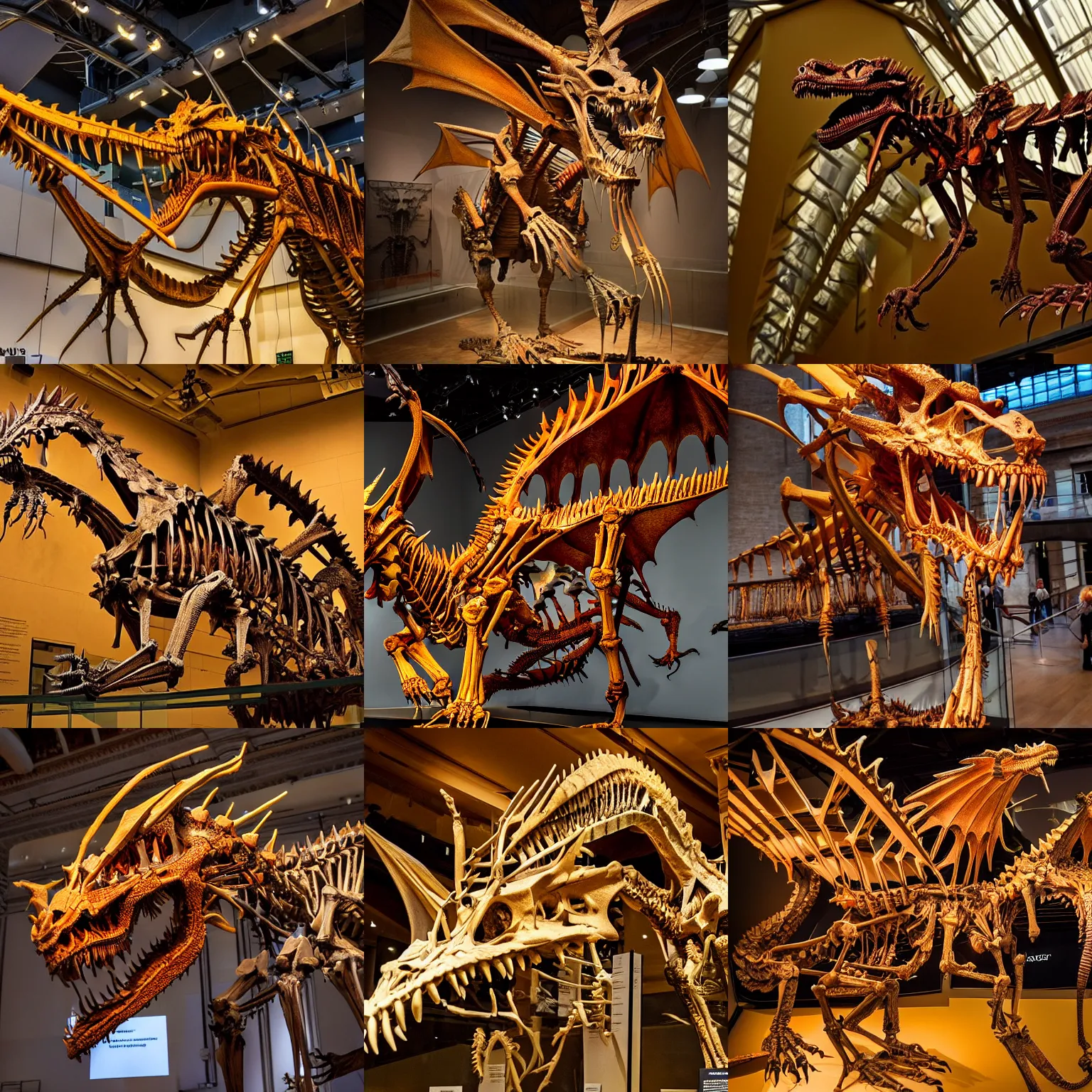 Prompt: a dragon skeleton on display in a natural history museum, amazing lighting, warm colors