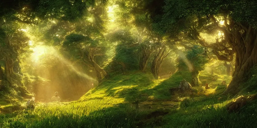 Image similar to lush and beautiful concept art for the shire, lord of the rings, peter jackson, studio ghibli, detailed, realistic lighting, volumetric lighting, golden hour,