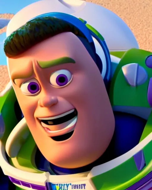 Image similar to Film still close-up shot of Dwayne Johnson as Buzz Lightyear in the movie Toy Story 3. Photographic, photography