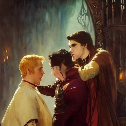 Image similar to attractive male, arthur pendragon confesses his love to attractive male dracula the vampire. highly detailed painting by gaston bussiere, craig mullins, j. c. leyendecker 8 k