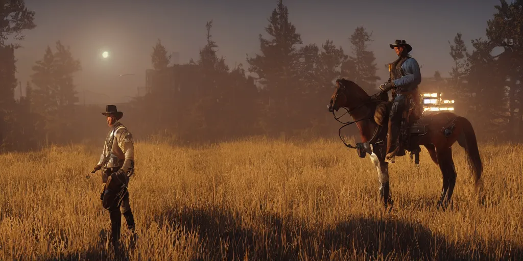 Image similar to Panorama screenshot cyborg red dead redemption, cowboy hat, brilliant long green hair, glowing golden eyes, wearing long trench coat, bright silver revolvers in holsters, dynamic dramatic golden moody lighting, volumetric lighting, shadows,cinematic atmosphere,Artstation, DAZ, bungie, hyperrealistic 3D digital art,Octane render