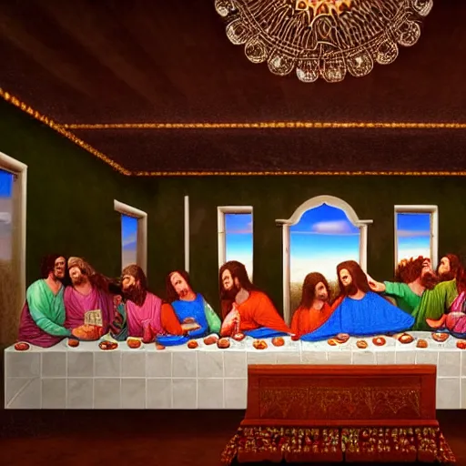 Image similar to the last supper in a mexican restaurant, sombrero, ponchos, in a baroque style, intricate detail, cinematic, 8 k, cel shaded, unreal engine, featured on artstation, pixiv