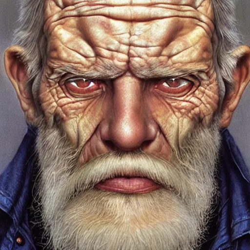 Prompt: centered detailed portrait of an old ugly mutant smuggler, without a nose and with rough dark dirty skin showing the thin veins underneath::art by James Christensen and Artgerm and Sophie Anderson::realistic character concept, single face, insanely detailed and intricate, beautiful, elegant, golden ratio, identical eyes, gazing eyes, beautiful eyes, slender symmetrical face and body::::post apocalyptic, Fallout style, destroyed city on background::medium shot, elegant pose, science fiction, illustration, artstation, cinematic lighting, dramatic lighting, volumetric lighting, Global Illumination, hyperdetailed, cgsociety, 8K, 4K, high resolution, vfx