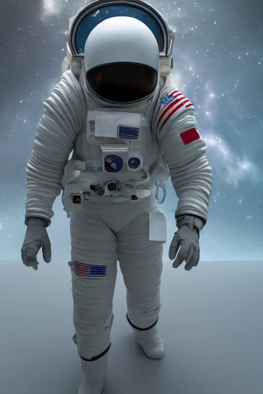 Image similar to a bottom view of a walking astronaut, photography, out - space background, cinematic lighting, 8 k