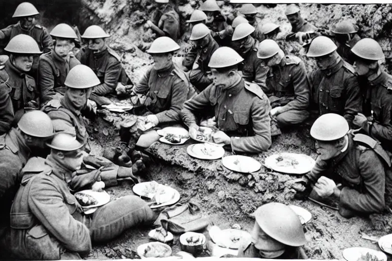 Prompt: old monochromatic photograph of spiderman sharing lunch with soldiers in a WW1 trench