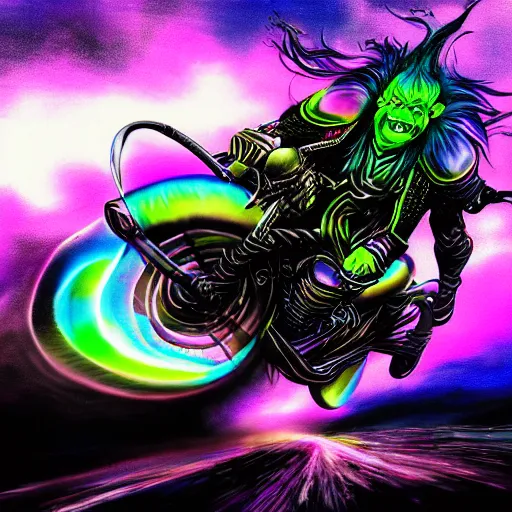 Image similar to psychedelic blacklight airbrush artwork, hyper stylized action shot of a menacing orc riding a motorcycle, clear focused details, soft airbrushed artwork, black background, cgsociety, artstation