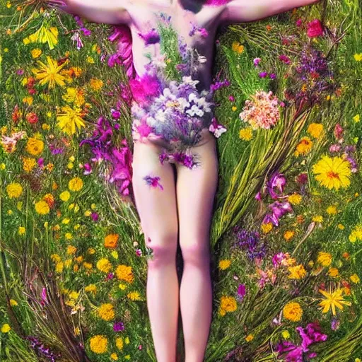 Image similar to hyper realistic photo human body made of wild flowers