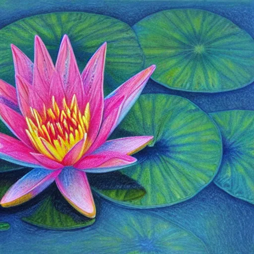 Prompt: a color pencil painting of a waterlily, floral painting, textile