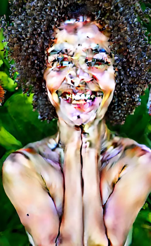 Image similar to 8 k uhd poser render of the face of a young woman with marble complexion, angelic features, her face framed with curls, her head raised in rapture, laughing, portrait photography, symmetrical eyes, by andrew gonzalez, background lush vegetation, insects and birds, dof narrow, 1 0 5 mm lens