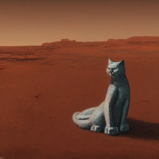 Image similar to painting of an ancient cat statue on mars surface, visible in distance, partially covered in dust, style of greg rutkowski