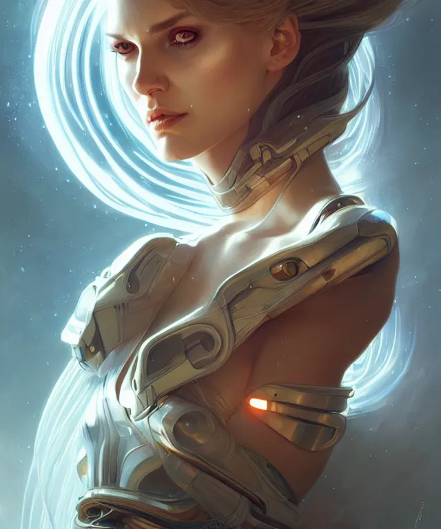 Image similar to futuristic woman portrait, sci-fi, amber eyes, face, long hair, fantasy, intricate, elegant, highly detailed, digital painting, artstation, concept art, smooth, sharp focus, illustration, art by artgerm and greg rutkowski and alphonse mucha